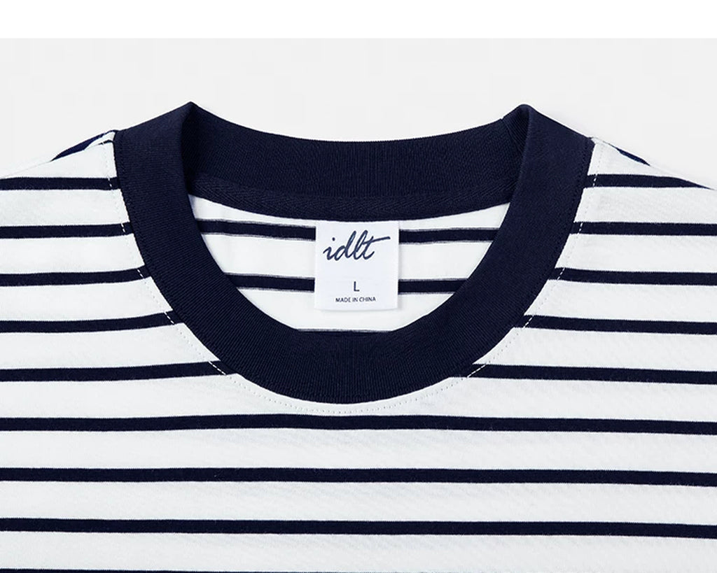 IDLT striped T-shirt, white and navy crewneck.