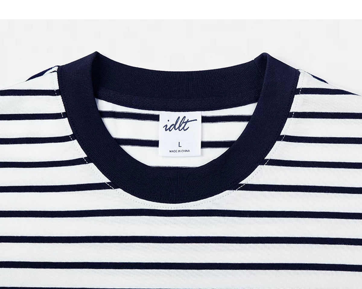 IDLT striped T-shirt, white and navy crewneck.