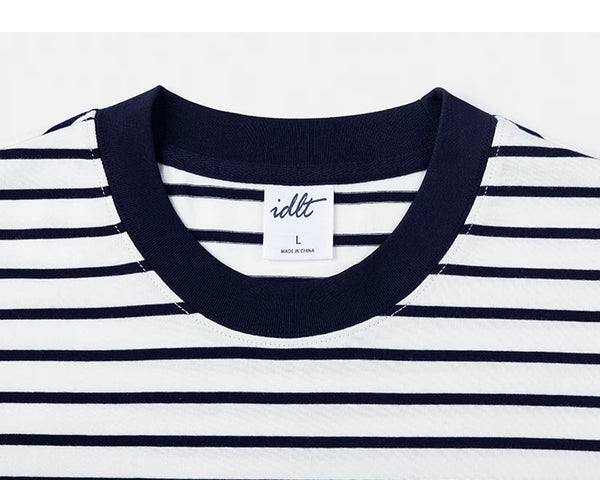 IDLT striped T-shirt, white and navy crewneck.