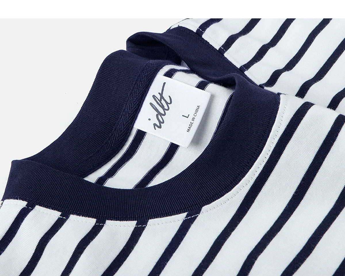 IDLT striped T-shirt, white and navy angled neckline.