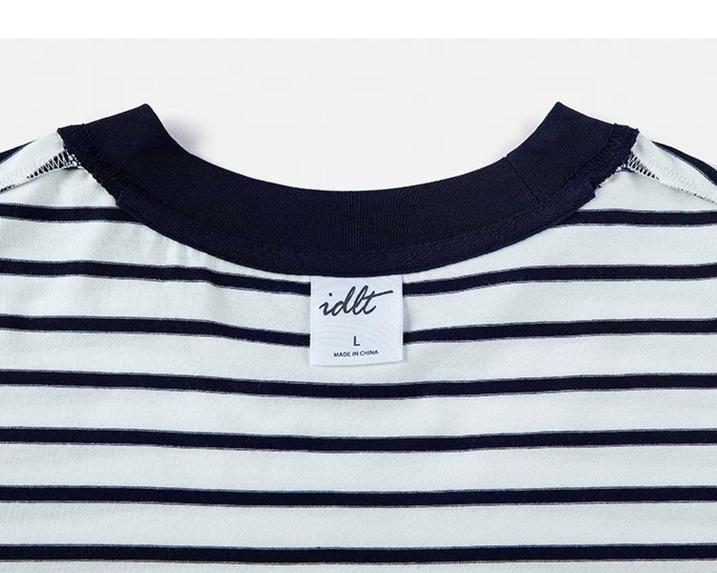 IDLT striped T-shirt, white and navy inner neckline label.
