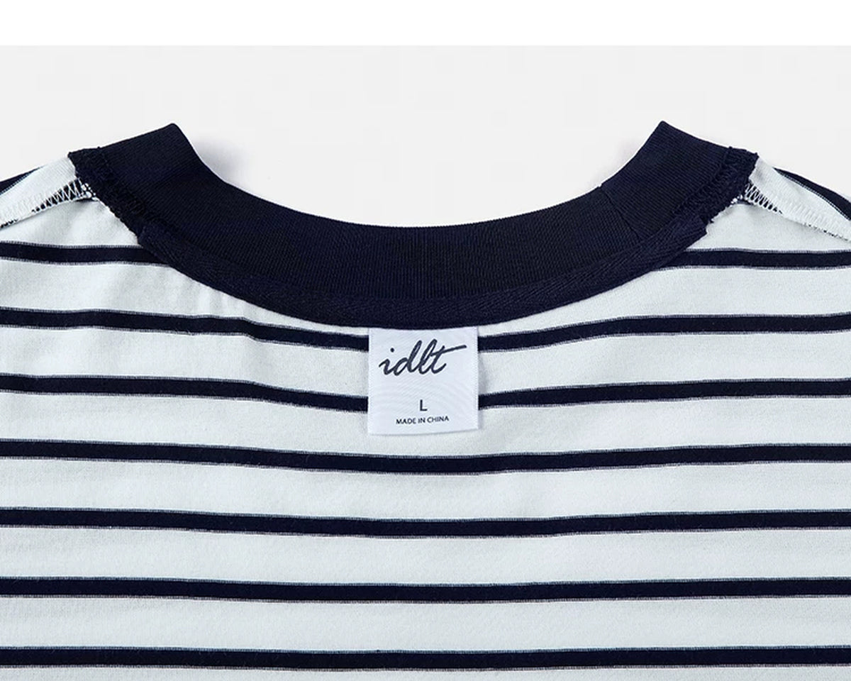IDLT striped T-shirt, white and navy inner neckline label.
