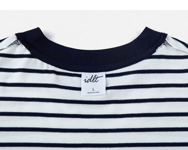 IDLT striped T-shirt, white and navy inner neckline label.