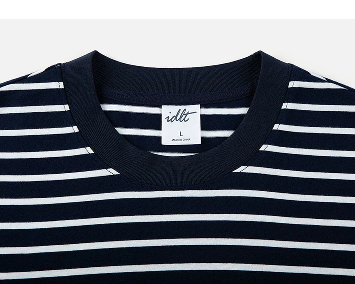 IDLT striped T-shirt, navy crewneck.