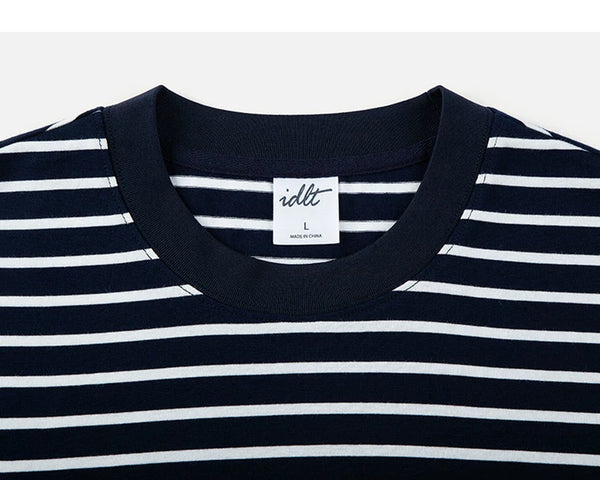 IDLT striped T-shirt, navy crewneck.