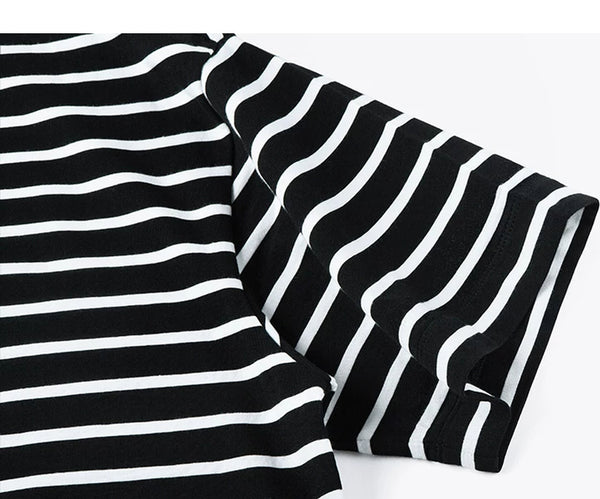 IDLT striped T-shirt, black sleeve.