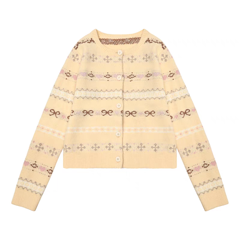 Fair Isle Striped Bowknot Pattern Jacquard Knit Cardigan