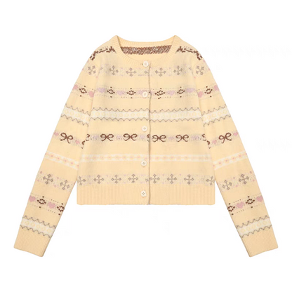 Fair Isle Striped Bowknot Pattern Jacquard Knit Cardigan