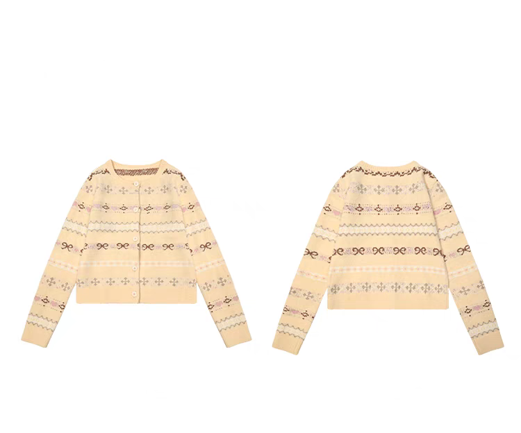 Fair Isle Striped Bowknot Pattern Jacquard Knit Cardigan