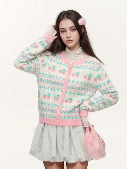 Colorblock Cherry Fair Isle Knit Cardigan Sweater