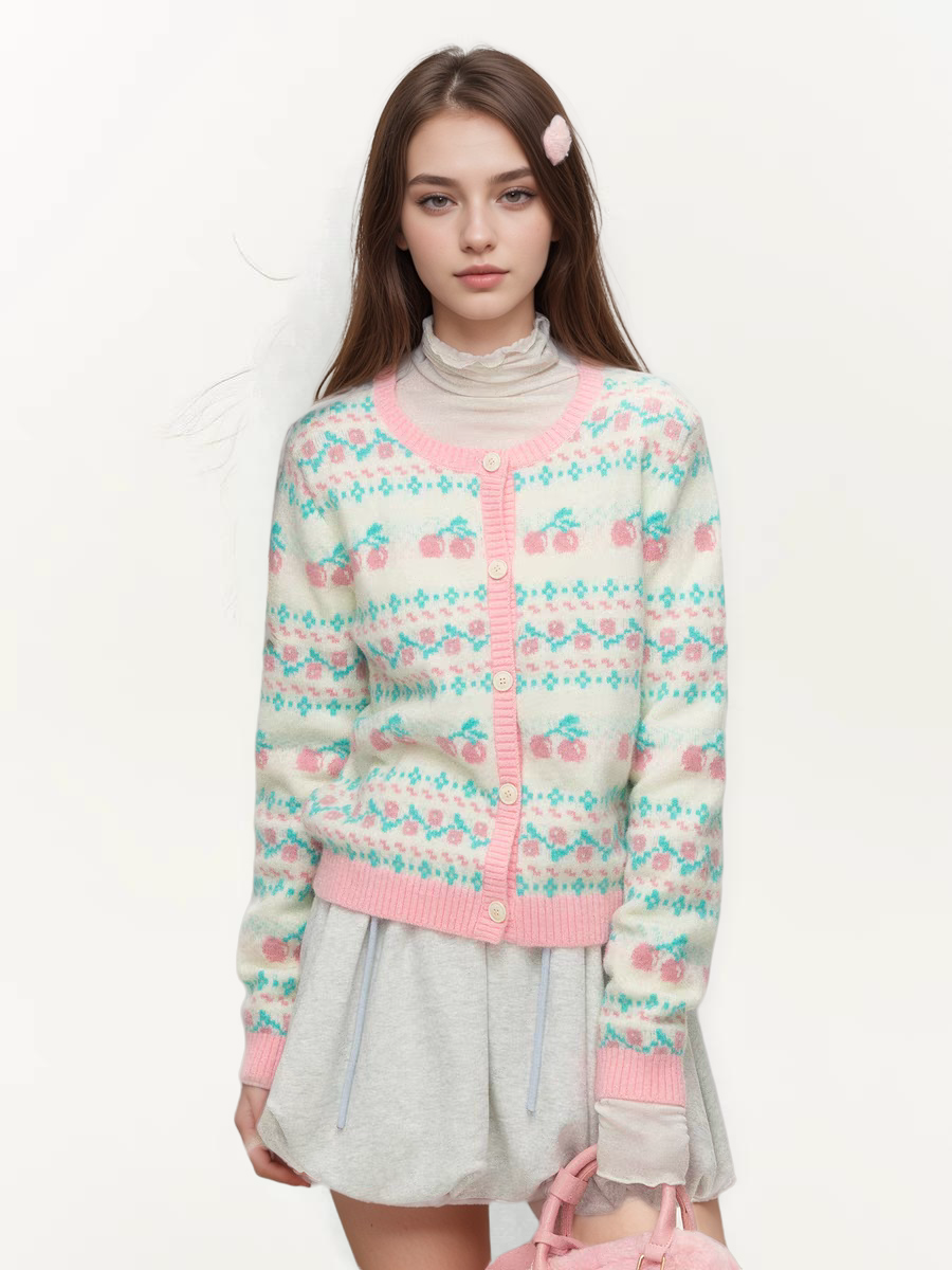 Colorblock Cherry Fair Isle Knit Cardigan Sweater