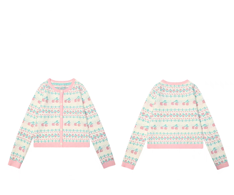 Colorblock Cherry Fair Isle Knit Cardigan Sweater