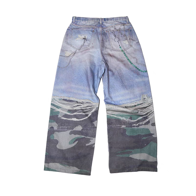 Digital Print Camouflage 3D Layered Faux Two-Piece Denim