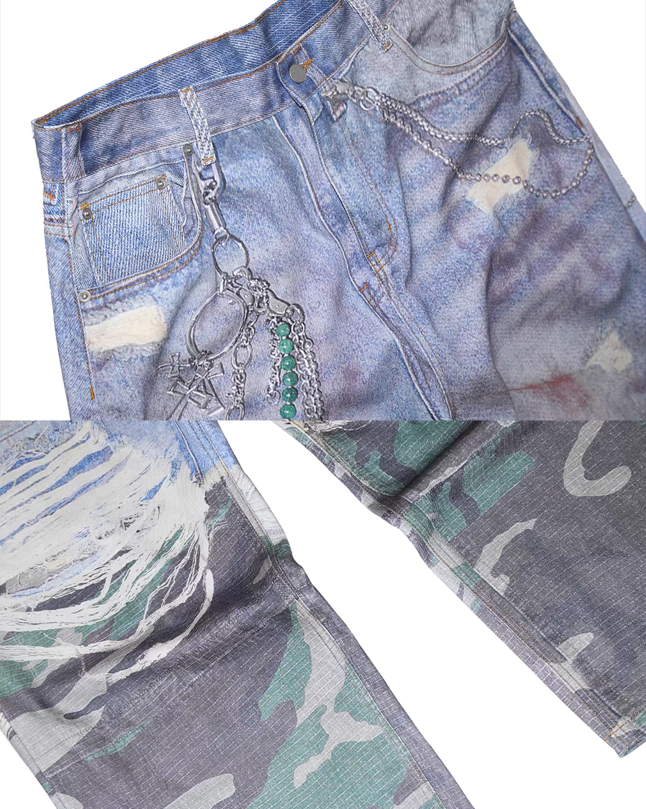 Digital Print Camouflage 3D Layered Faux Two-Piece Denim