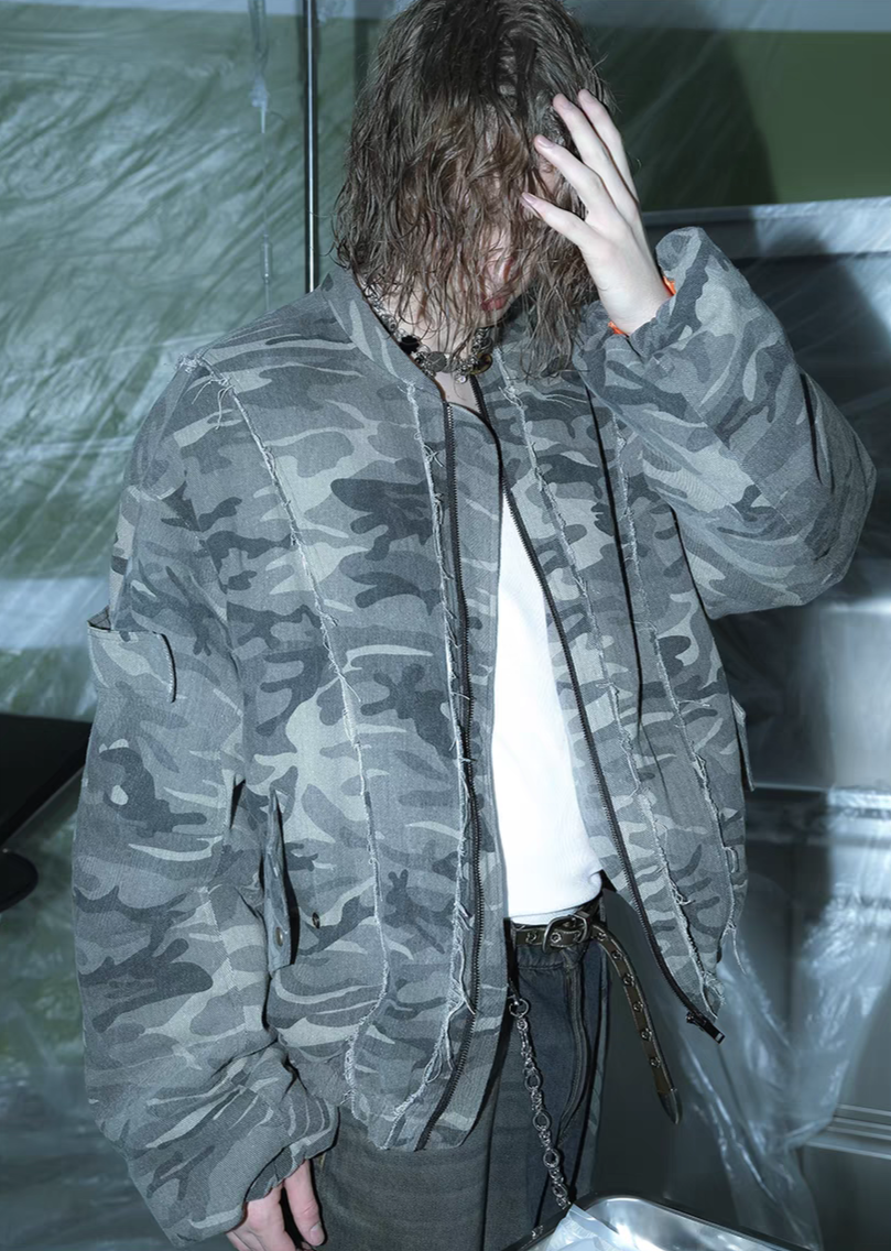 Camouflage Thickened Destroyed Loose Bomber Jacket