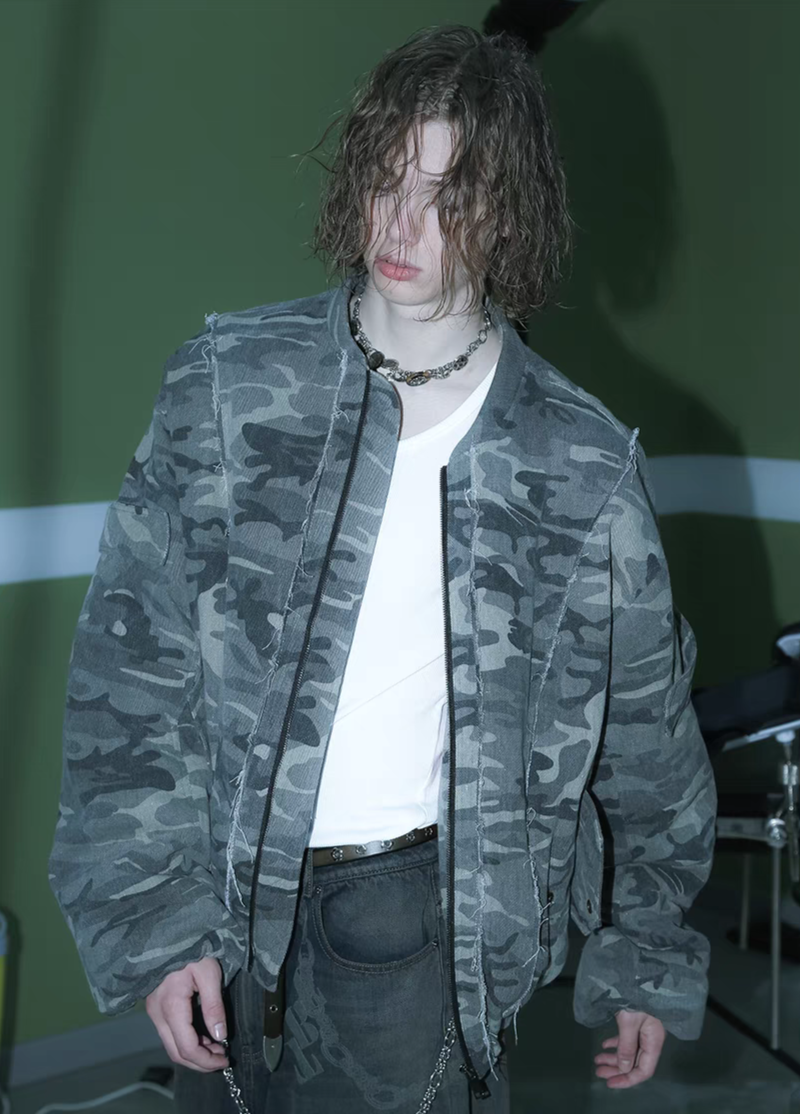 Camouflage Thickened Destroyed Loose Bomber Jacket