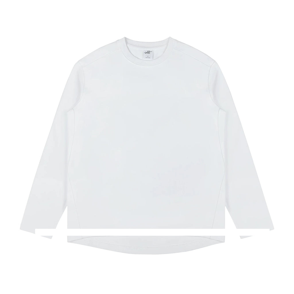 IDLT long sleeve T-shirt, white front.