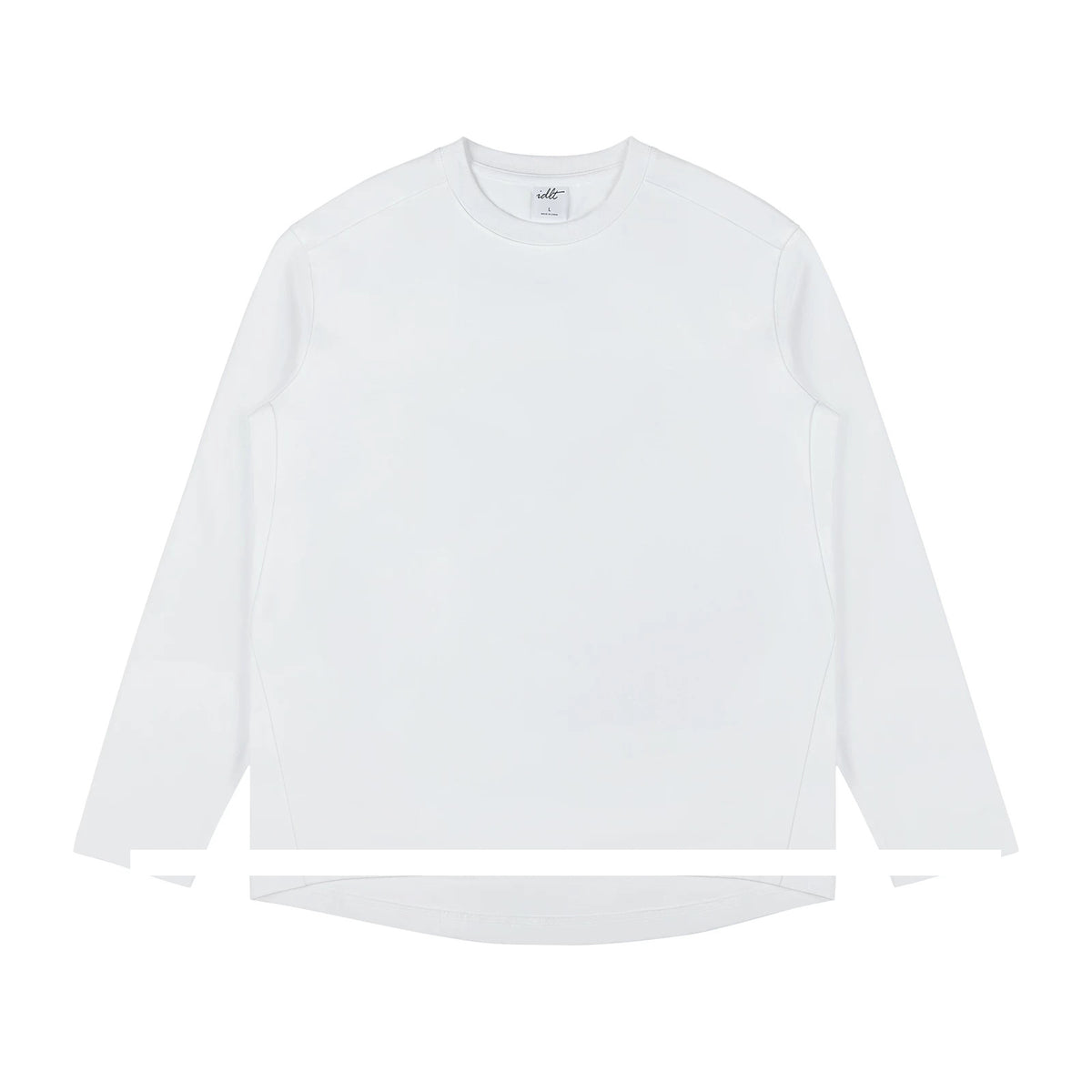 IDLT long sleeve T-shirt, white front.