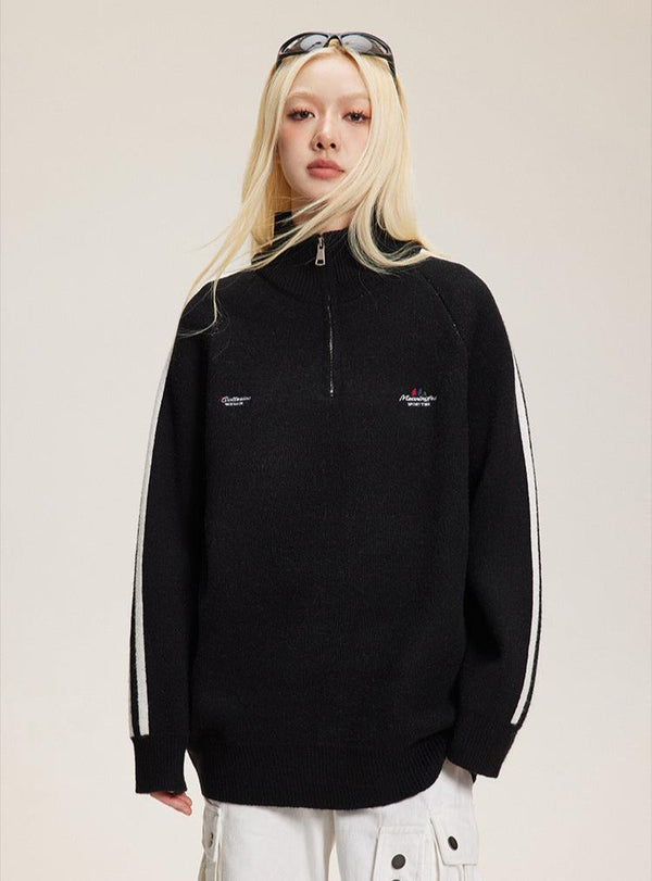 Three - Stripe Sleeve Stand Collar Half - Zip Knit Sweater - COPPING THREADS - CATTEE