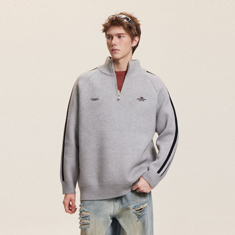 Three - Stripe Sleeve Stand Collar Half - Zip Knit Sweater - COPPING THREADS - CATTEE