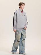 Three - Stripe Sleeve Stand Collar Half - Zip Knit Sweater - COPPING THREADS - CATTEE