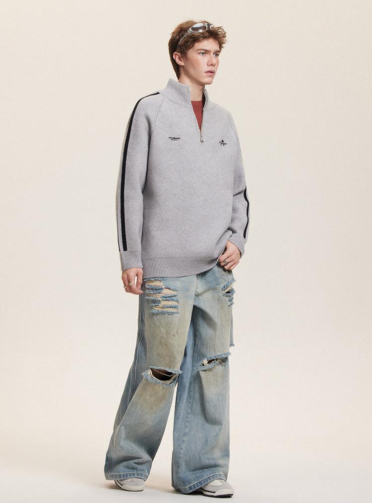 Three - Stripe Sleeve Stand Collar Half - Zip Knit Sweater - COPPING THREADS - CATTEE