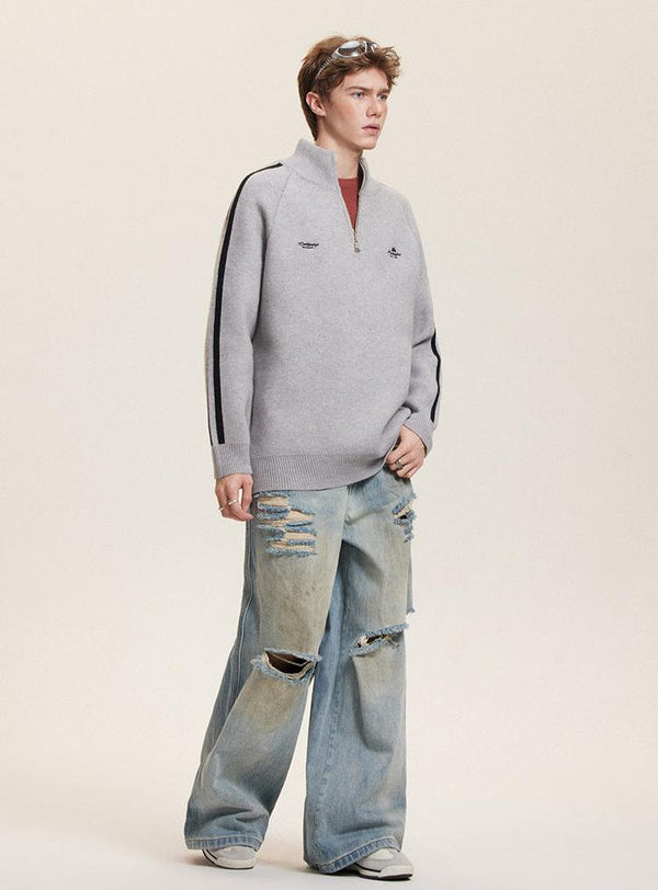 Three - Stripe Sleeve Stand Collar Half - Zip Knit Sweater - COPPING THREADS - CATTEE