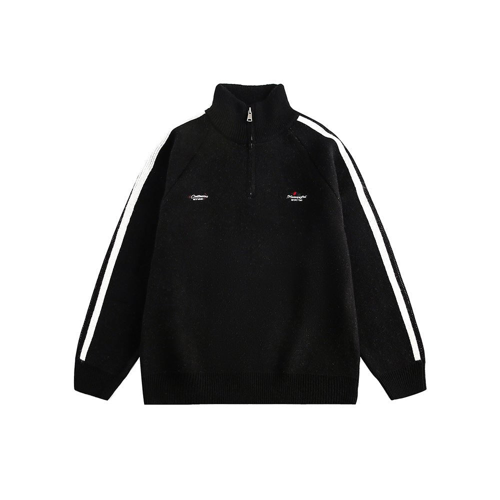 Three - Stripe Sleeve Stand Collar Half - Zip Knit Sweater - COPPING THREADS - CATTEE