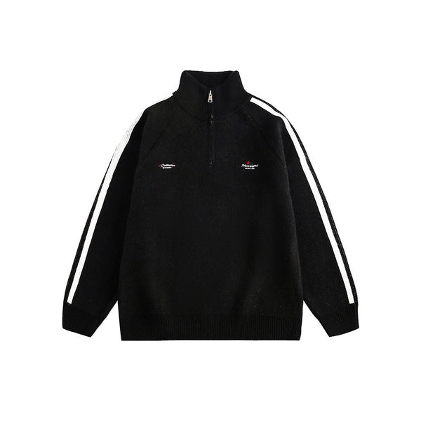Three - Stripe Sleeve Stand Collar Half - Zip Knit Sweater - COPPING THREADS - CATTEE