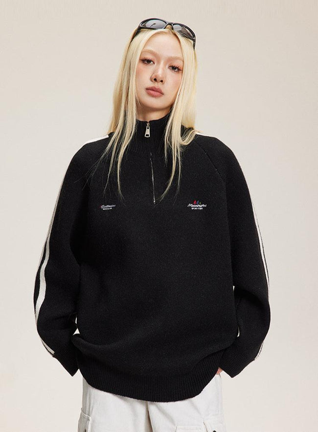 Three - Stripe Sleeve Stand Collar Half - Zip Knit Sweater - COPPING THREADS - CATTEE Hover Image