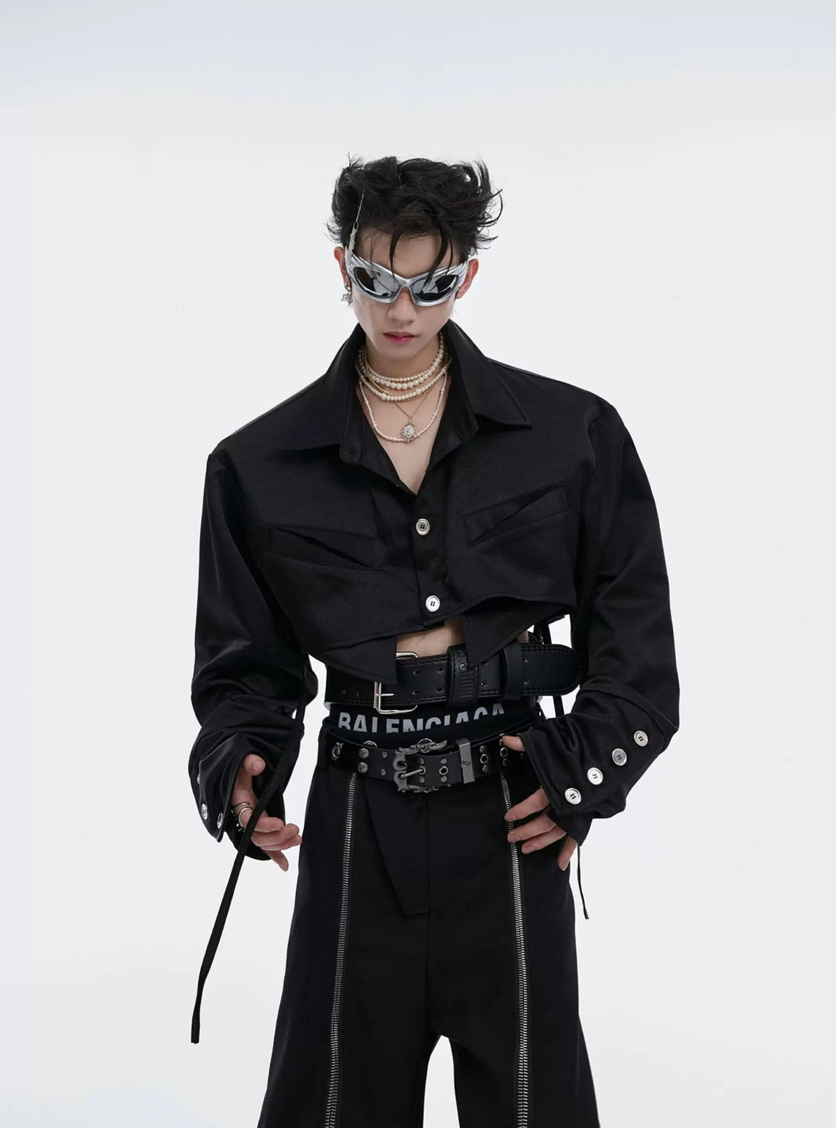 Tie-Detail Cropped Padded-Shoulder Shirt - COPPING THREADS - Argue Culture