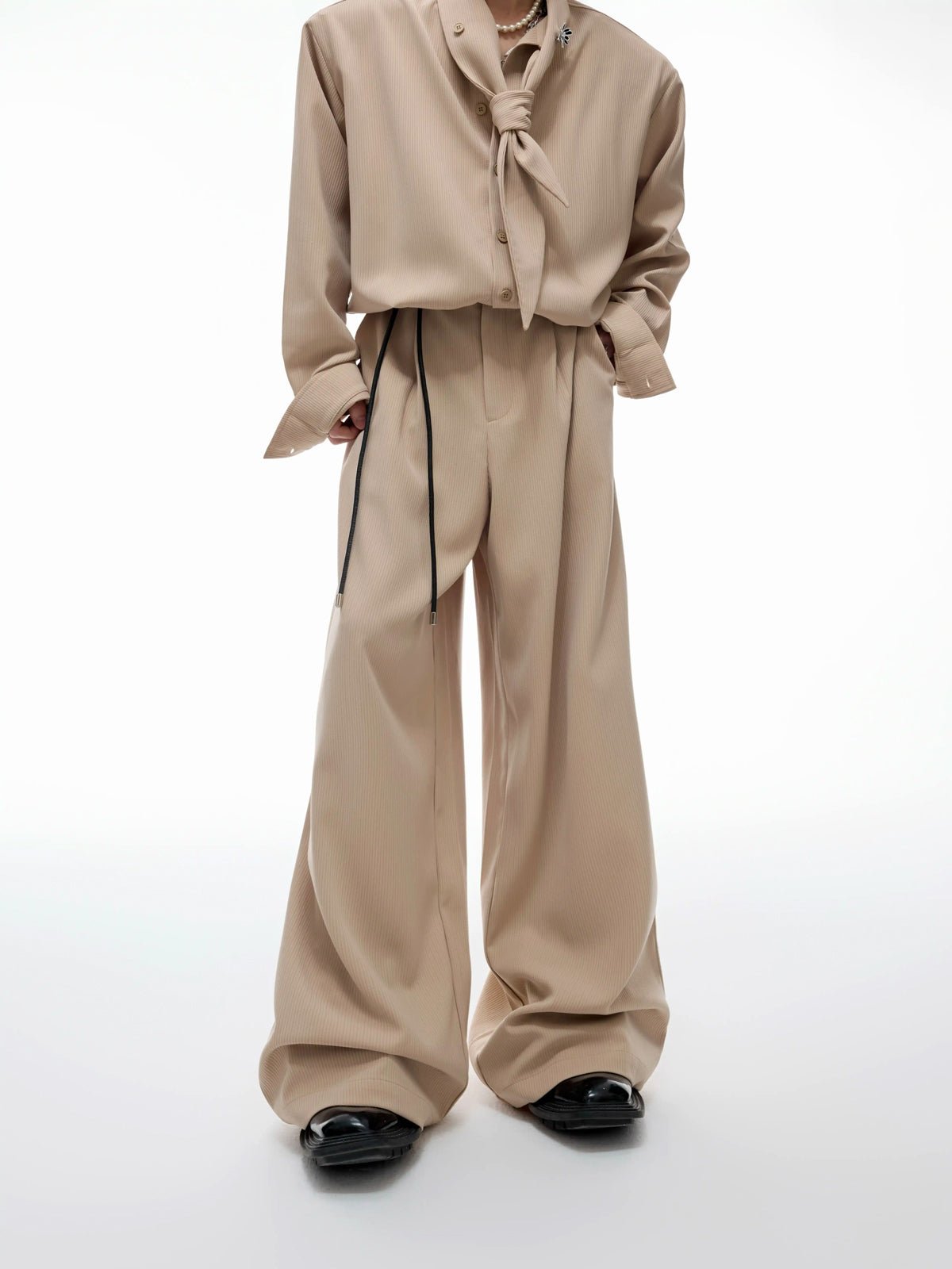 Tie-Neck Padded-Shoulder Shirt and Ribbed Pants Set - COPPING THREADS - Argue Culture