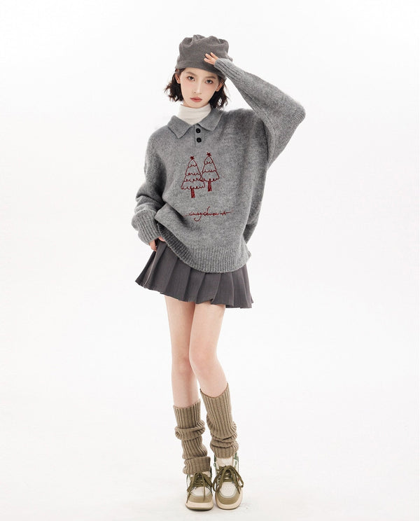 Tree Print Polo Collar Pullover Sweater - COPPING THREADS - CT Select