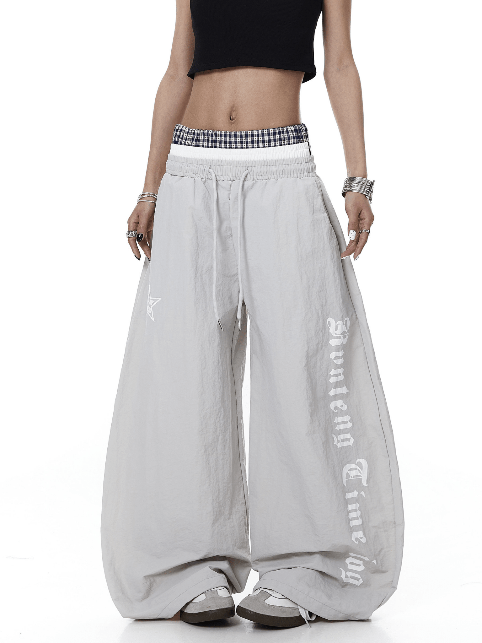 Triple Waistband Letter Print Scythe Parachute Pants Secondary image