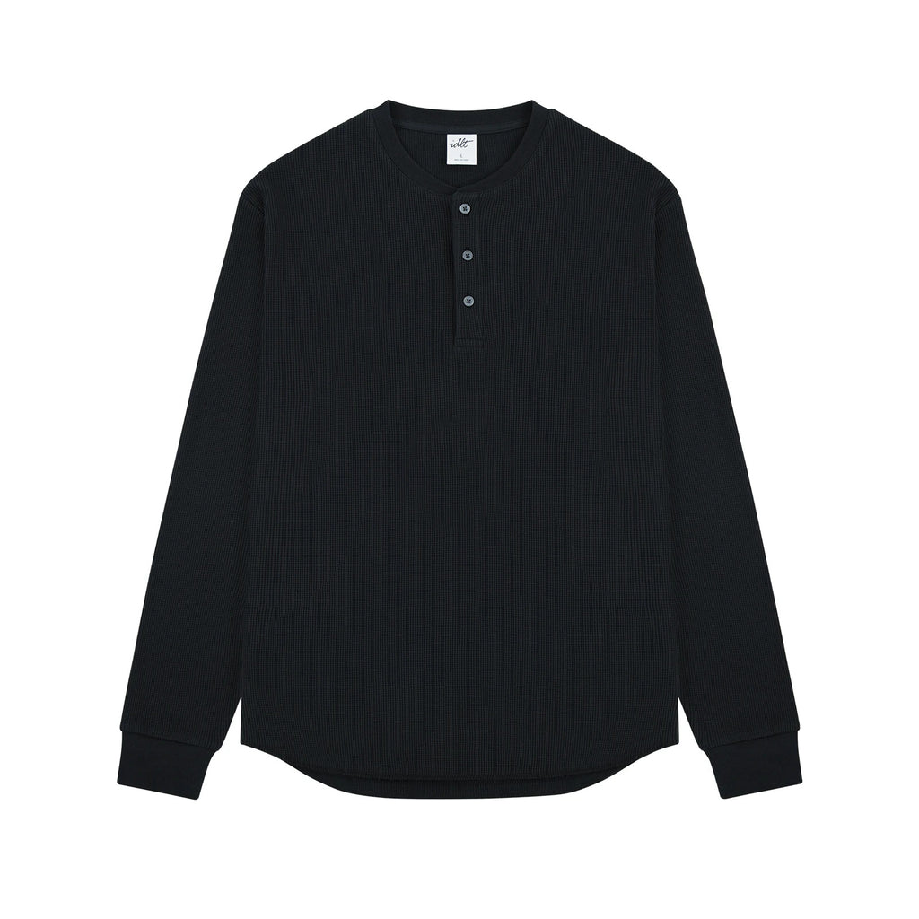 IDLT waffle henley, black front.