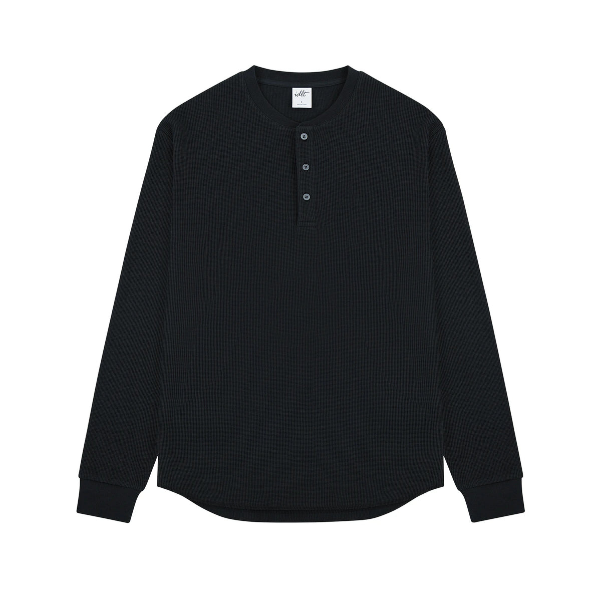 IDLT waffle henley, black front.