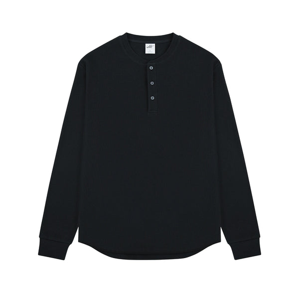 IDLT waffle henley, black front.