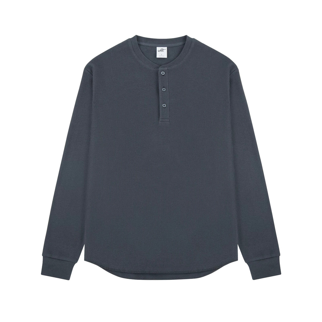 IDLT waffle henley, dark gray front.