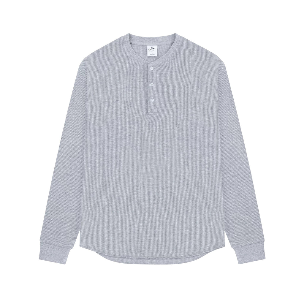 IDLT waffle henley, heather gray front.