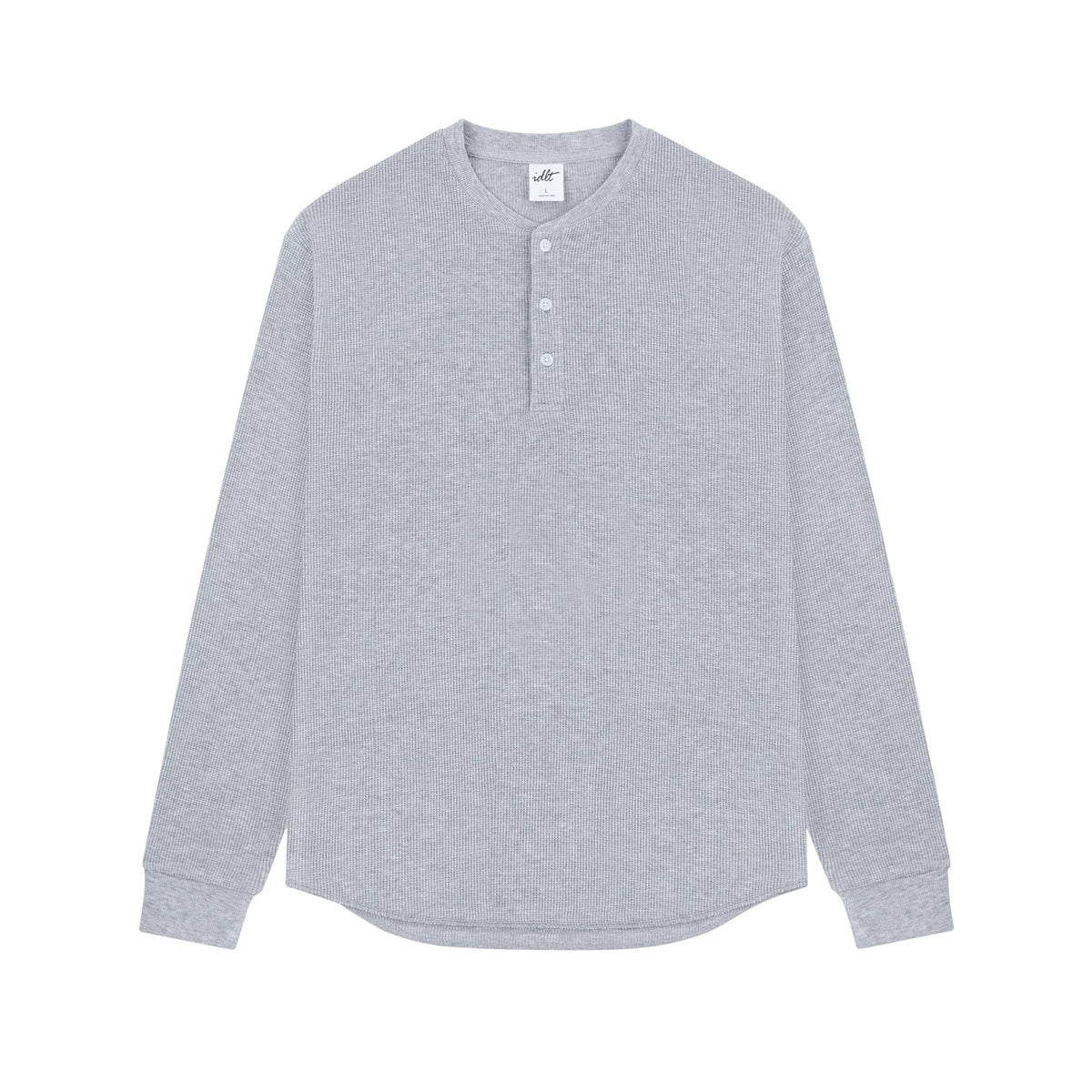 IDLT waffle henley, heather gray front.
