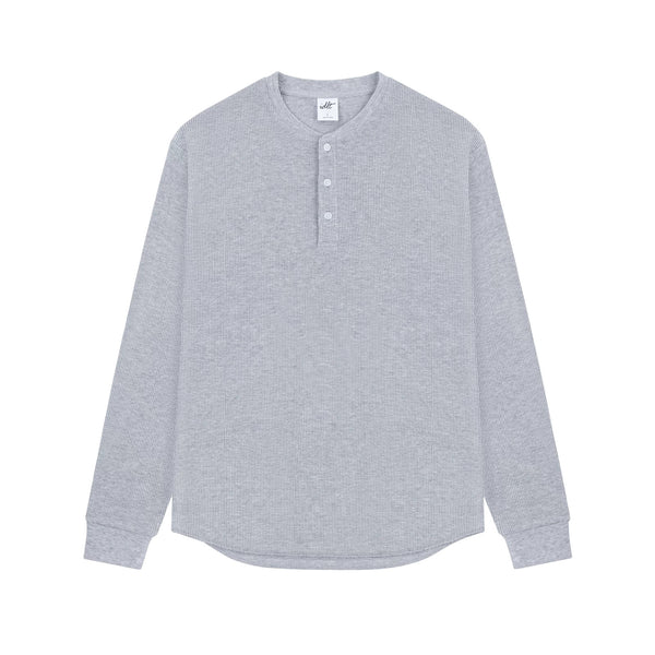 IDLT waffle henley, heather gray front.