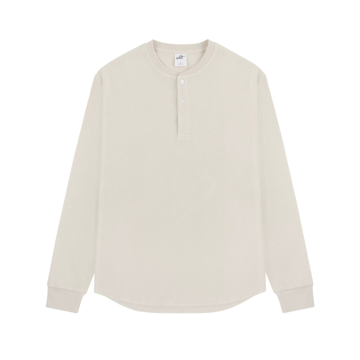 IDLT waffle henley, cream front.