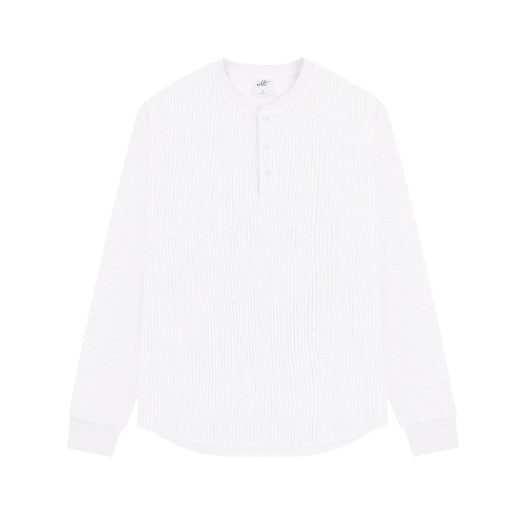 IDLT waffle henley, white front.
