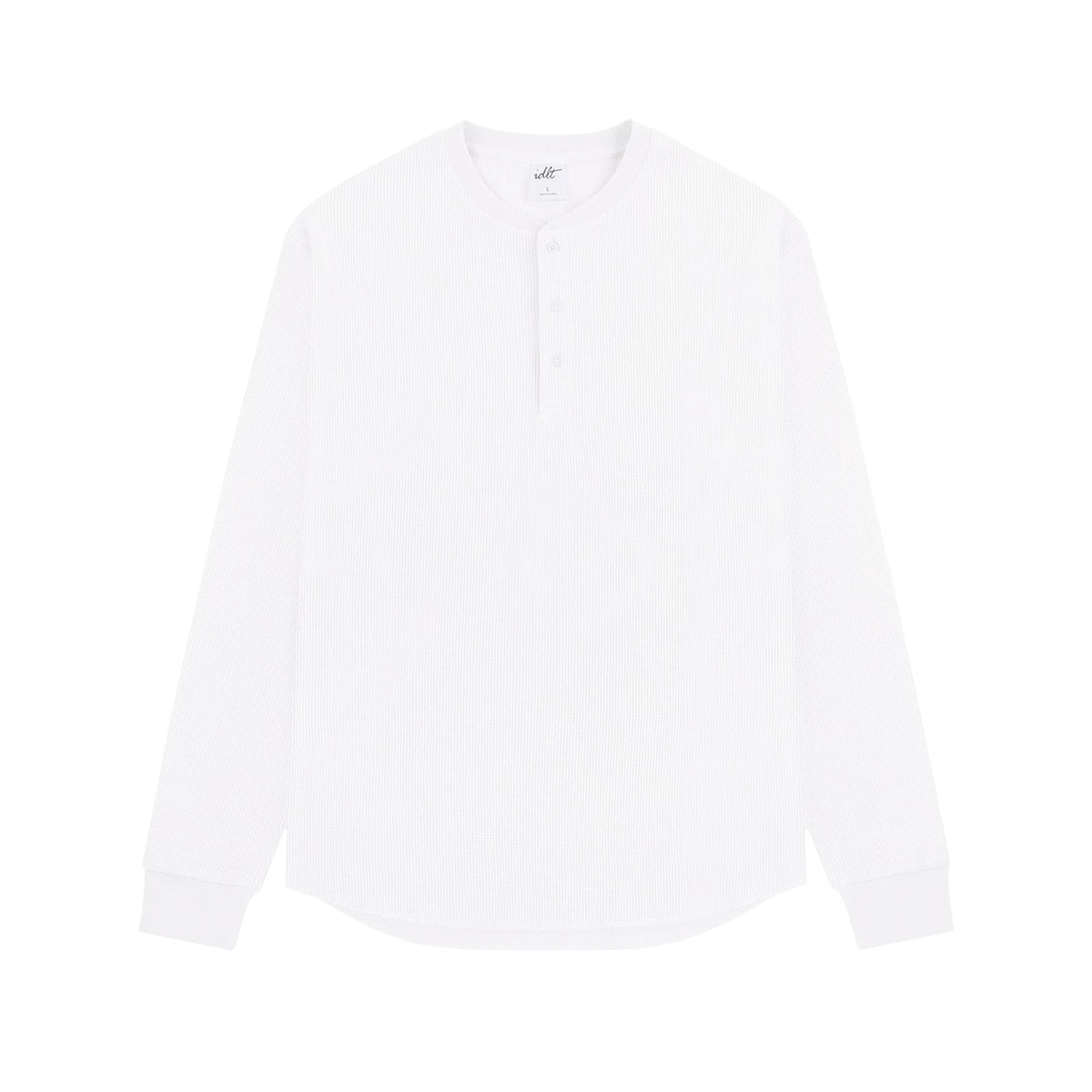 IDLT waffle henley, white front.