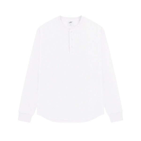 IDLT waffle henley, white front.