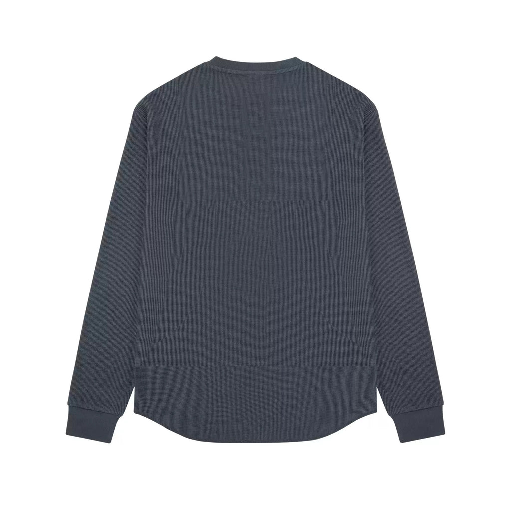 IDLT waffle henley, dark gray back.