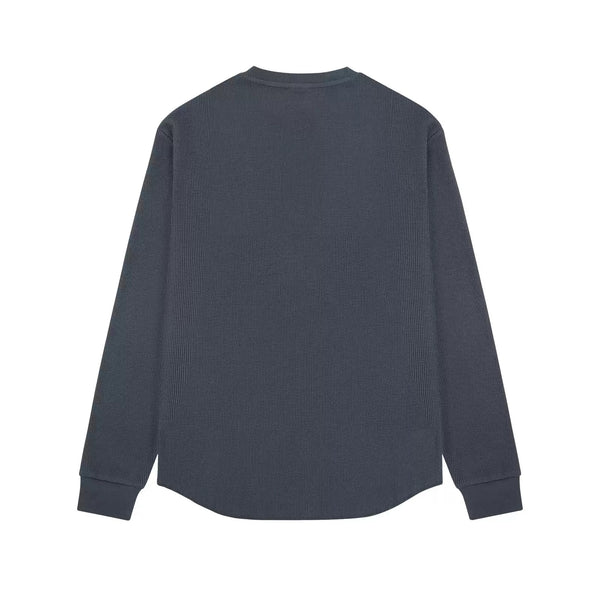 IDLT waffle henley, dark gray back.