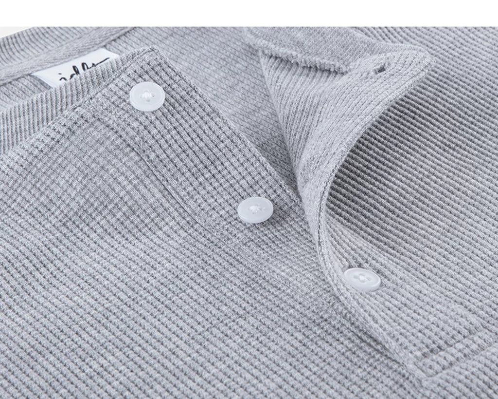 IDLT waffle henley, heather gray button placket.