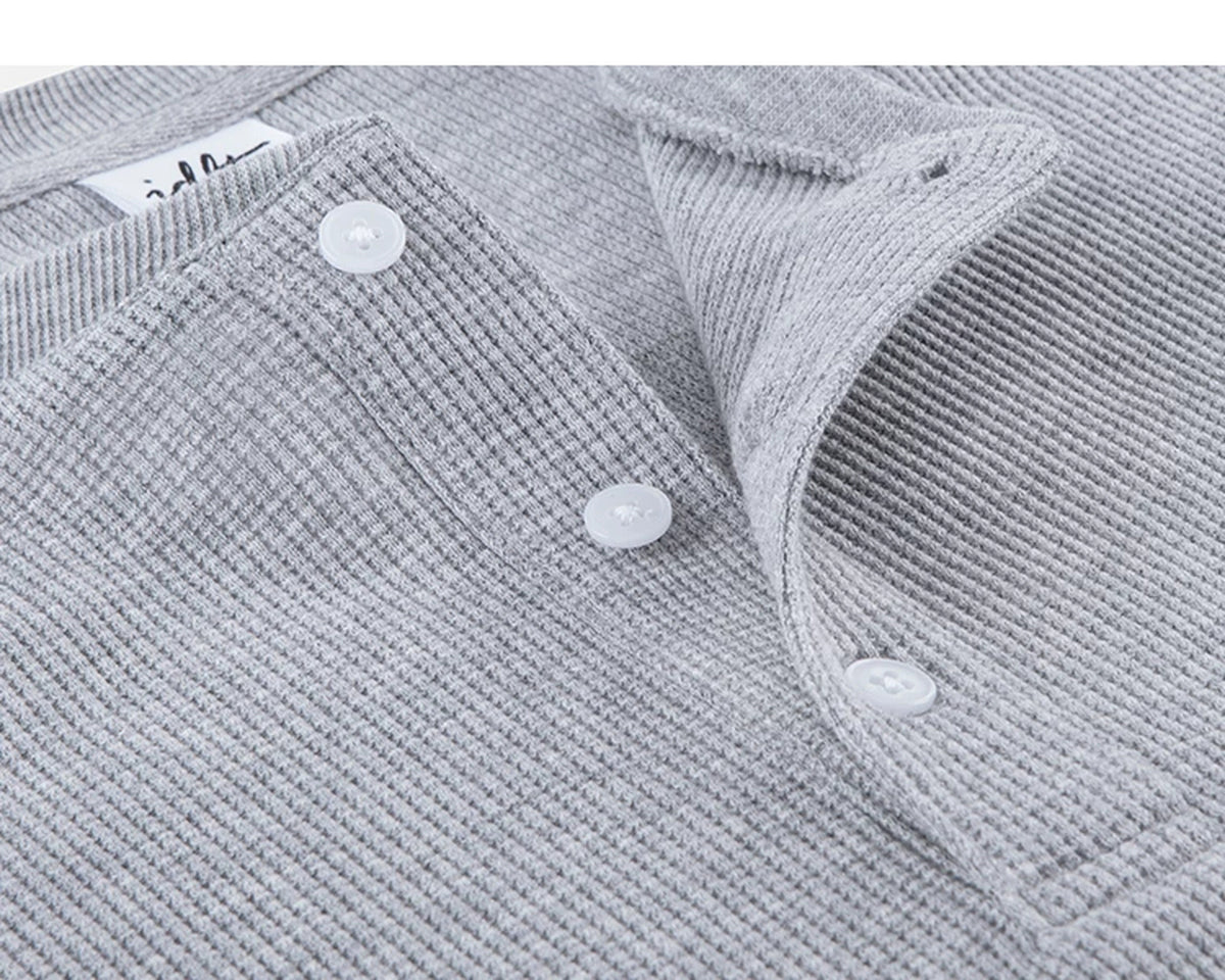 IDLT waffle henley, heather gray button placket.