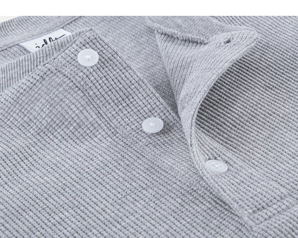 IDLT waffle henley, heather gray button placket.